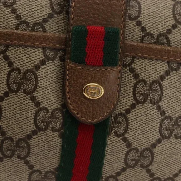 GUCCI GG Canvas Web Sherry Line Shoulder Bag PVC Leather Beige Green